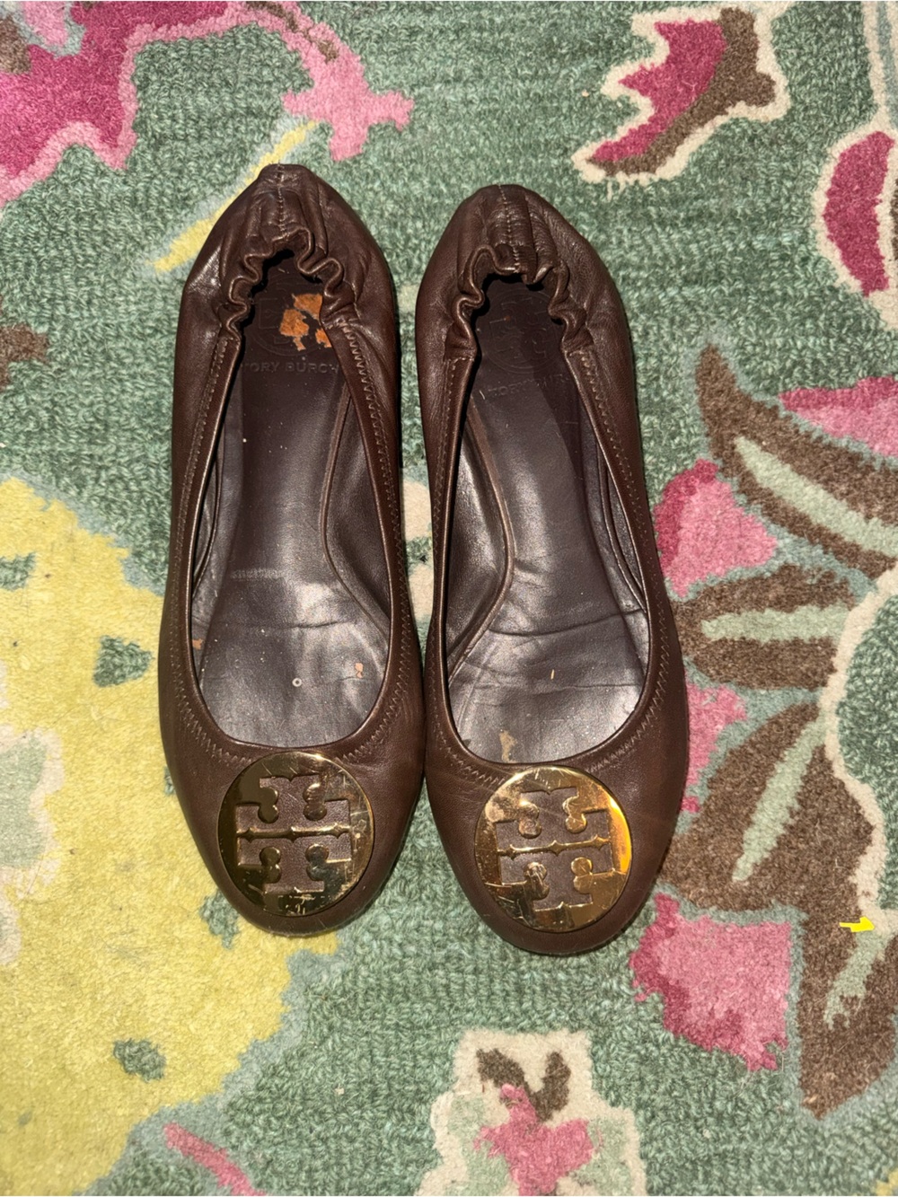 Tory Burch Reva Dark Brown Leather Logo Ballet Flats